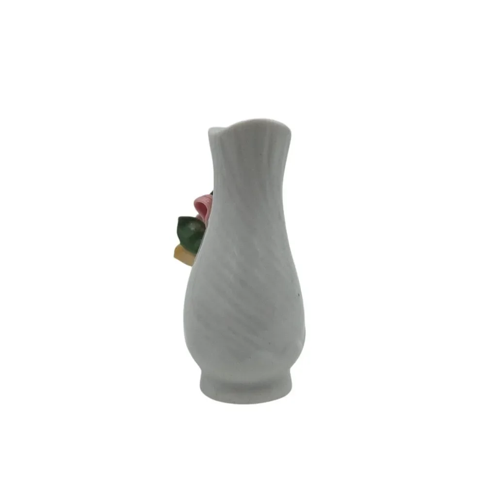 Vintage Miniature Bud Vase Porcelain 3D Applied Flowers Pink Ribbon Ribbed 3